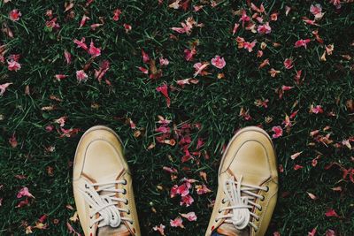 Low section of man standing on grass