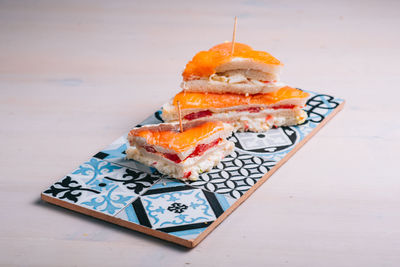 Close-up of sushi served on table