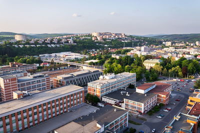 High angle view of buildings against sky