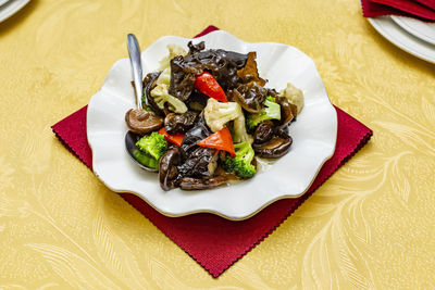 High angle view of food in plate on table
