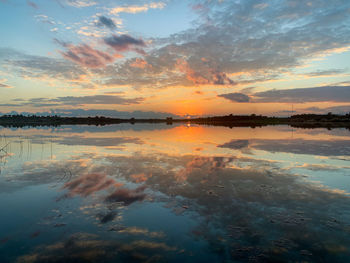 Scenic view of lake against sky during sunset