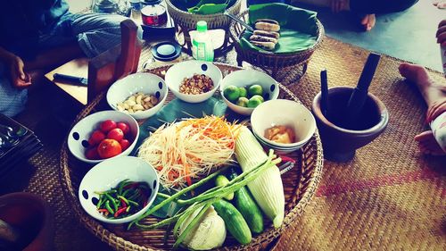 High angle view of meal served on table