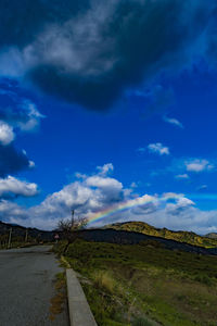 Road by landscape against blue sky