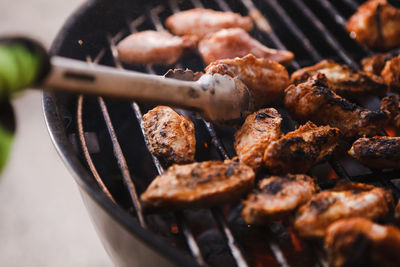 High angle view of meat in cooking pan