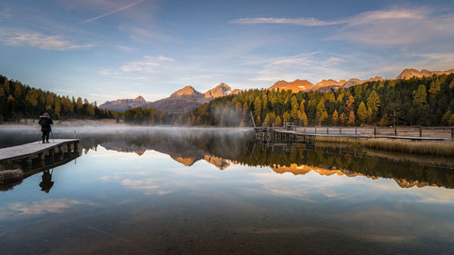 Reflection of trees in lake against sky