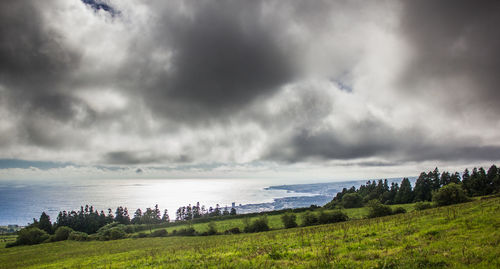 Scenic view of field against cloudy sky