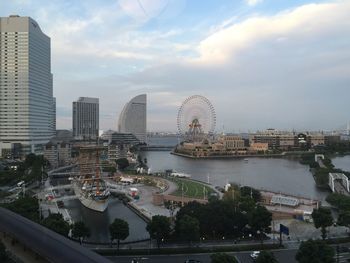 Scenic view of river and cityscape against cloudy sky