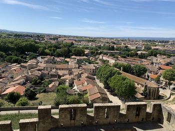 High angle view of townscape against sky