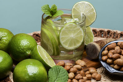 Fresh fruits in glass on table