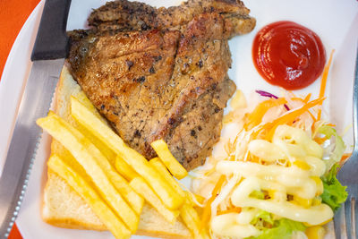 High angle view of food served in plate