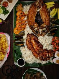 Directly above shot of meal served on table