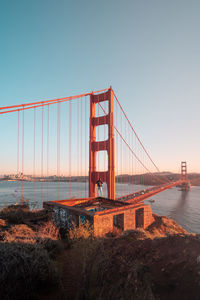 View of suspension bridge against clear sky