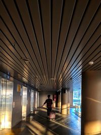 Rear view of woman standing in illuminated building