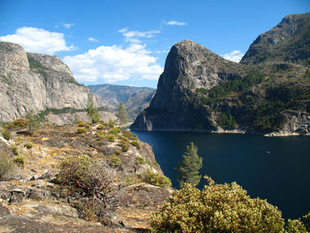 Scenic view of lake and mountains against sky