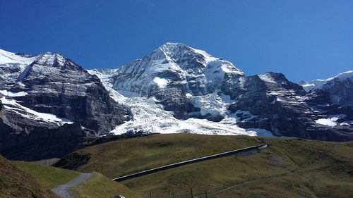 Scenic view of snowcapped mountains against clear sky