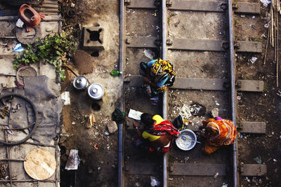 High angle view of flower pots on street
