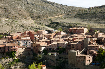 High angle view of buildings in town