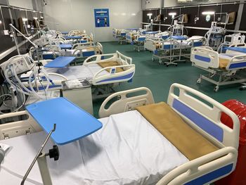 High angle view of deck chairs on table