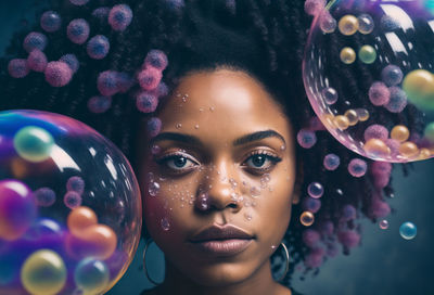 Portrait of woman blowing bubbles