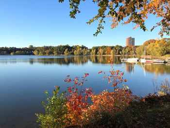 Scenic view of lake against sky during autumn