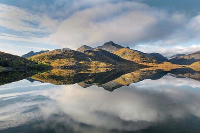 Beautiful mountainous landscape in norway reflected on the water  - svolvaer in norway