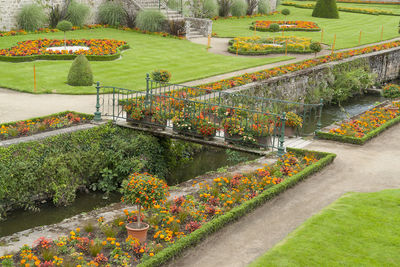 Scenic view of formal garden by lake