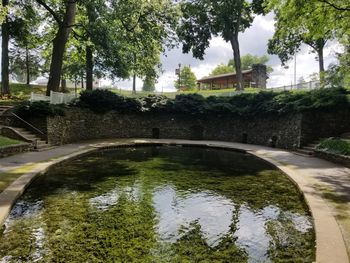 Fountain in park by lake