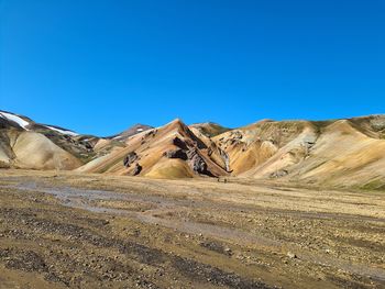Scenic view of arid landscape against clear blue sky