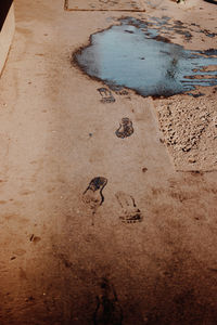 High angle view of footprints on beach