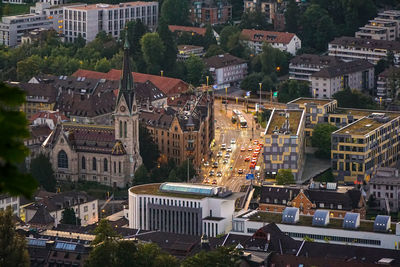 High angle view of buildings in city