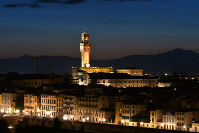 High angle view of illuminated buildings against sky at night