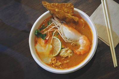 High angle view of soup in bowl on table