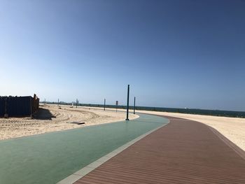 Scenic view of beach against clear blue sky