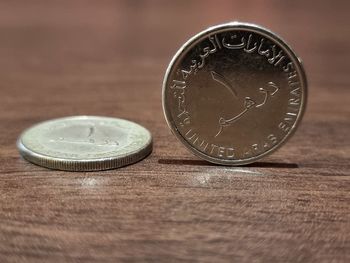 Close-up of coins on table