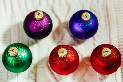 High angle view of colorful christmas decorations on table