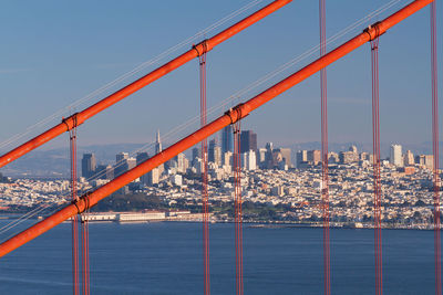 Golden gate bridge over bay against sky