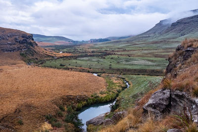 Scenic view of landscape and river against sky