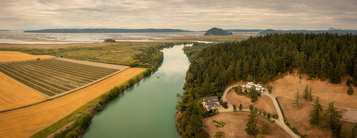 High angle view of river amidst landscape against sky