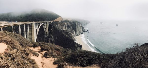 Panoramic shot of bridge over sea against sky