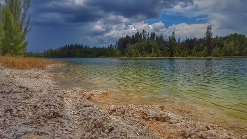 Scenic view of lake against cloudy sky