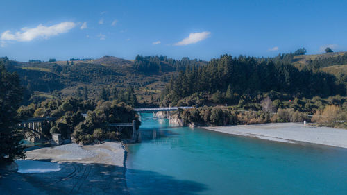 Aerial view of beautiful blue stream in rakaia gorge,new zealand.