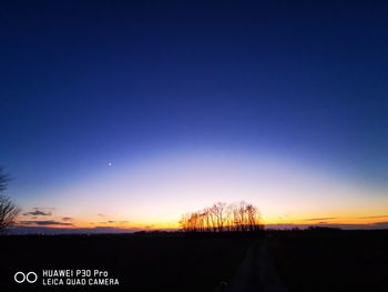 Silhouette trees on field against clear sky at sunset