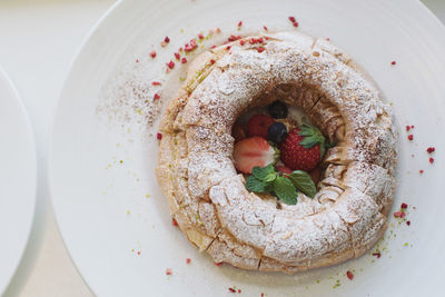 High angle view of cake in plate on table