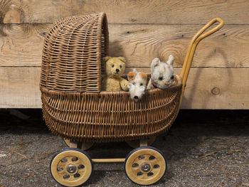 Vintage stuffed teddy bear, fox terrier dog and cat in wicker doll carriage