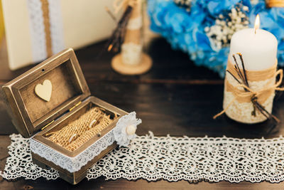 High angle view of hat on table