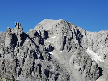 Scenic view of snowcapped mountains against clear blue sky