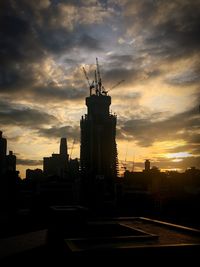 Silhouette of buildings against cloudy sky during sunset