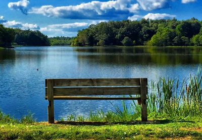 Scenic view of lake against cloudy sky