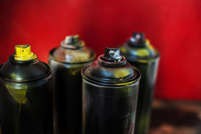 Close-up of wine bottles on table