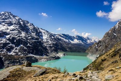 Scenic view of lake and snowcapped mountains against sky